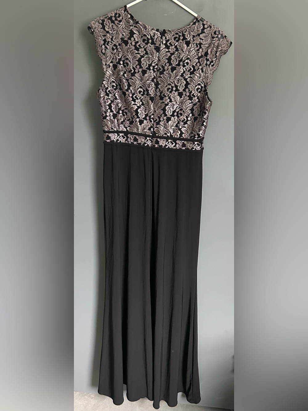 R&M Richards Black Evening Gown with Silver Lace Bodice